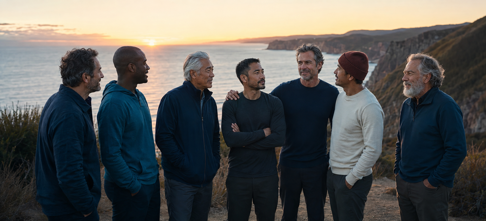 A diverse group of men standing together beside a coastal horizon