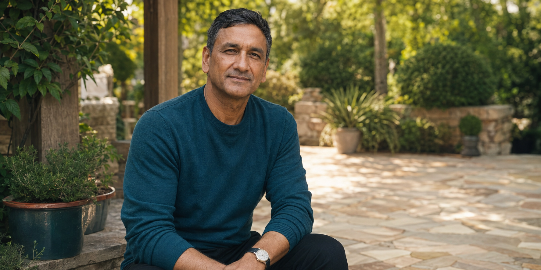 A man seated thoughtfully within a calm garden setting