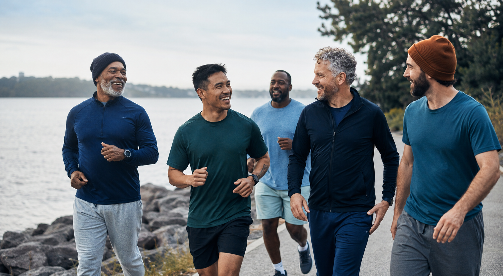 A diverse group of men walking and jogging together beside the water