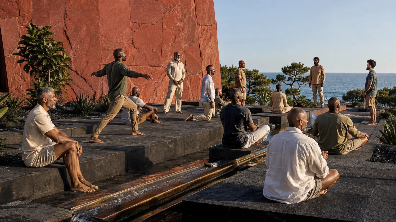 A diverse group of men practicing breathwork and gentle mobility beside a monumental crimson stone wall and ocean