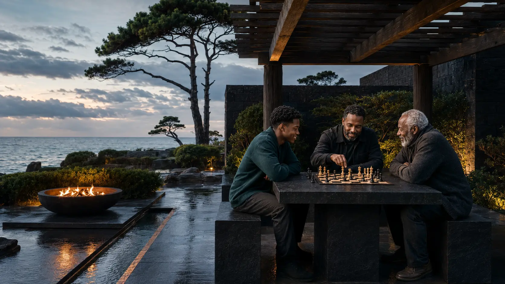 Three Black men of different generations playing chess in a coastal garden