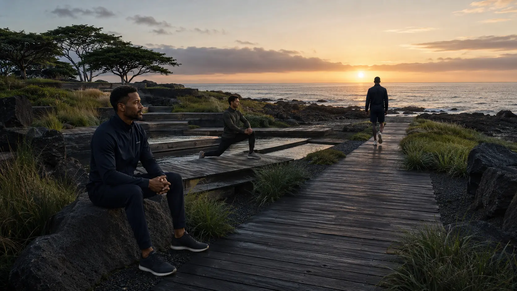 Three men moving, reflecting, and walking through a rugged oceanfront garden at sunrise