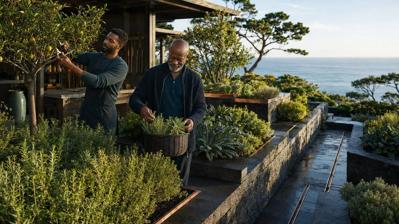 Two Black men tending citrus trees and herbs in a coastal garden