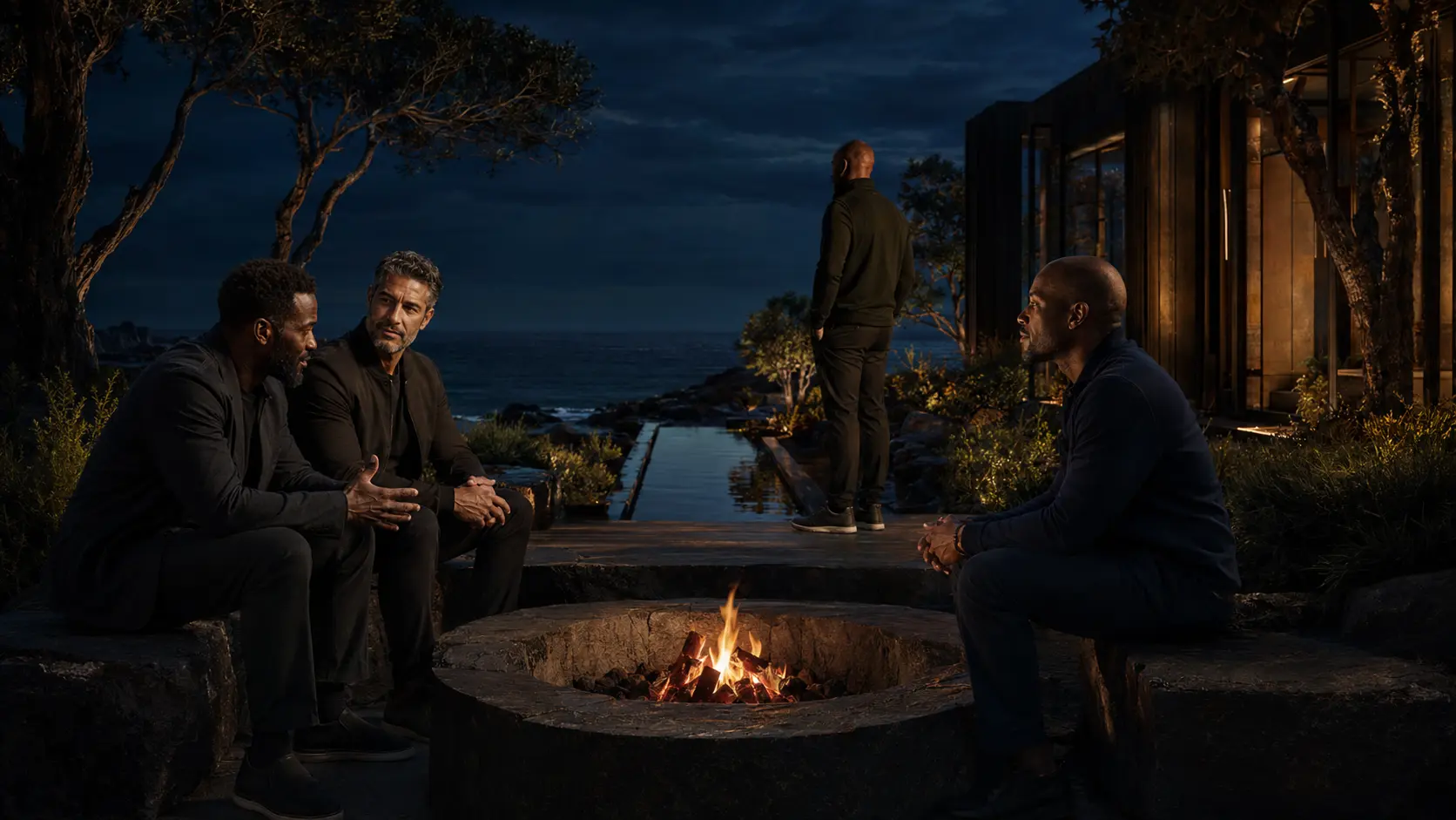 Four men sharing a reflective evening beside a stone fire basin in a coastal garden