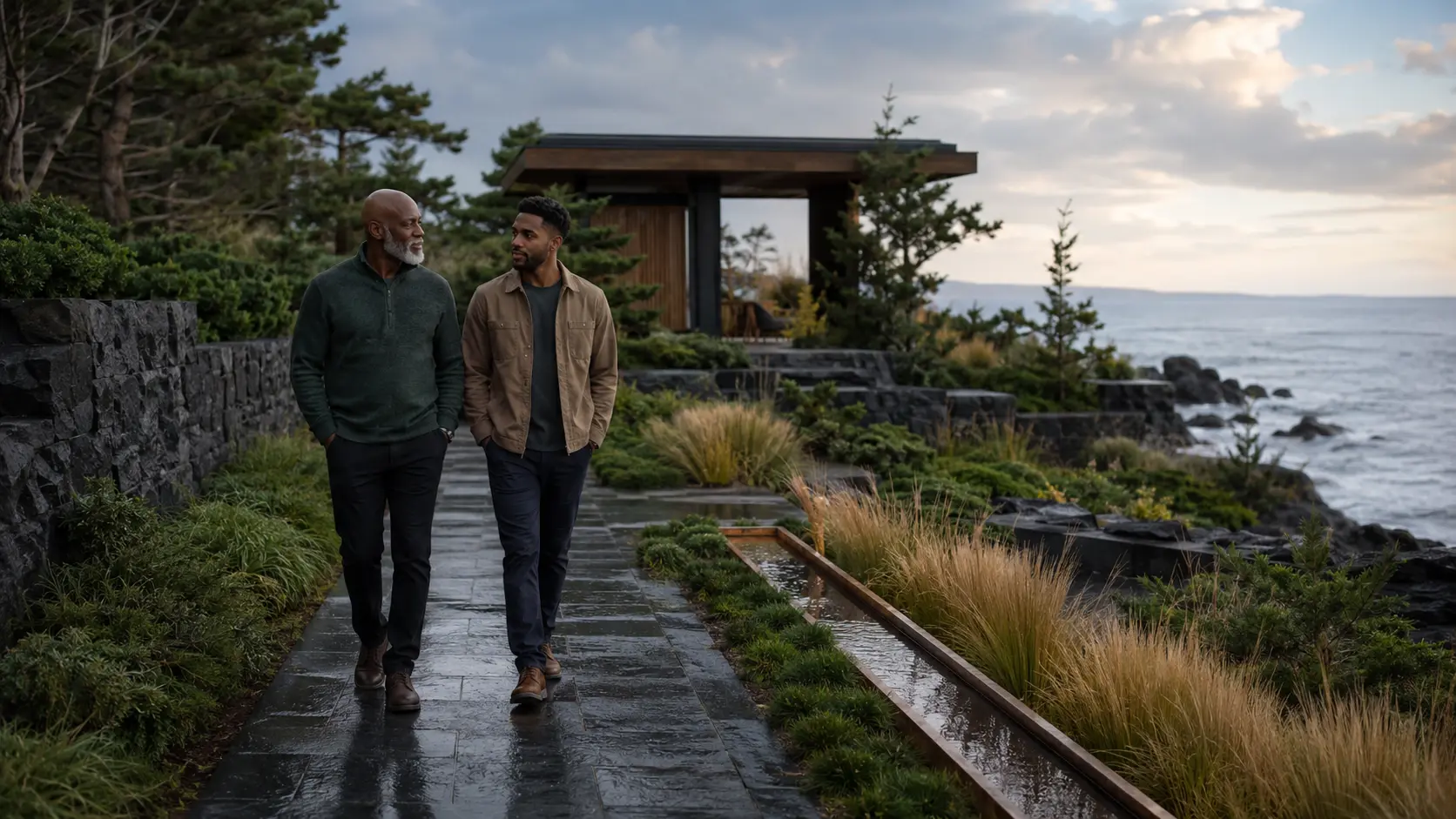 A Black father and his adult son walking through a rugged coastal garden
