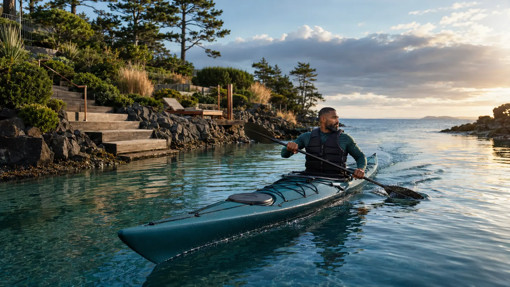A Black man kayaking through a calm cove beside a rugged coastal garden