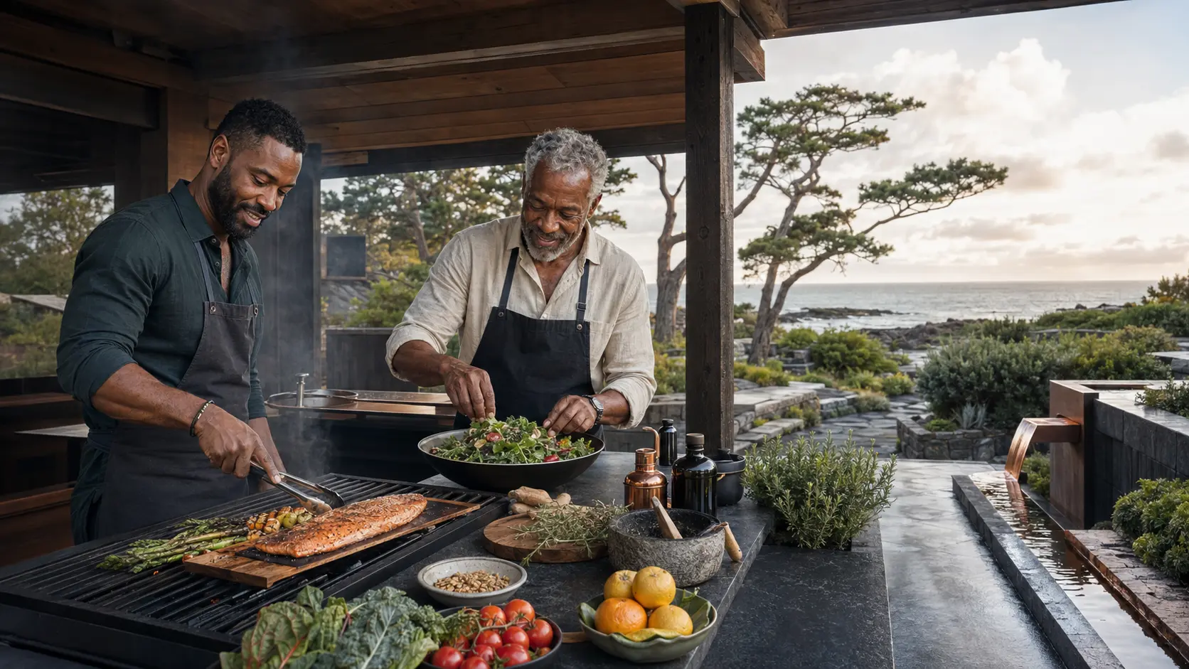Two Black men preparing a heart-conscious meal in an outdoor coastal kitchen