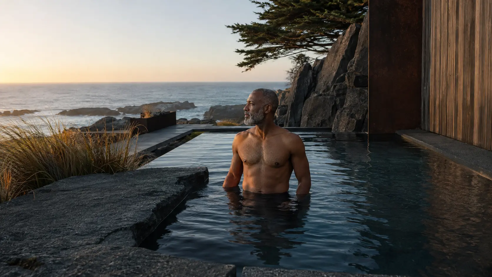 A Black man standing waist-deep in a geometric saltwater plunge pool within a rugged coastal garden