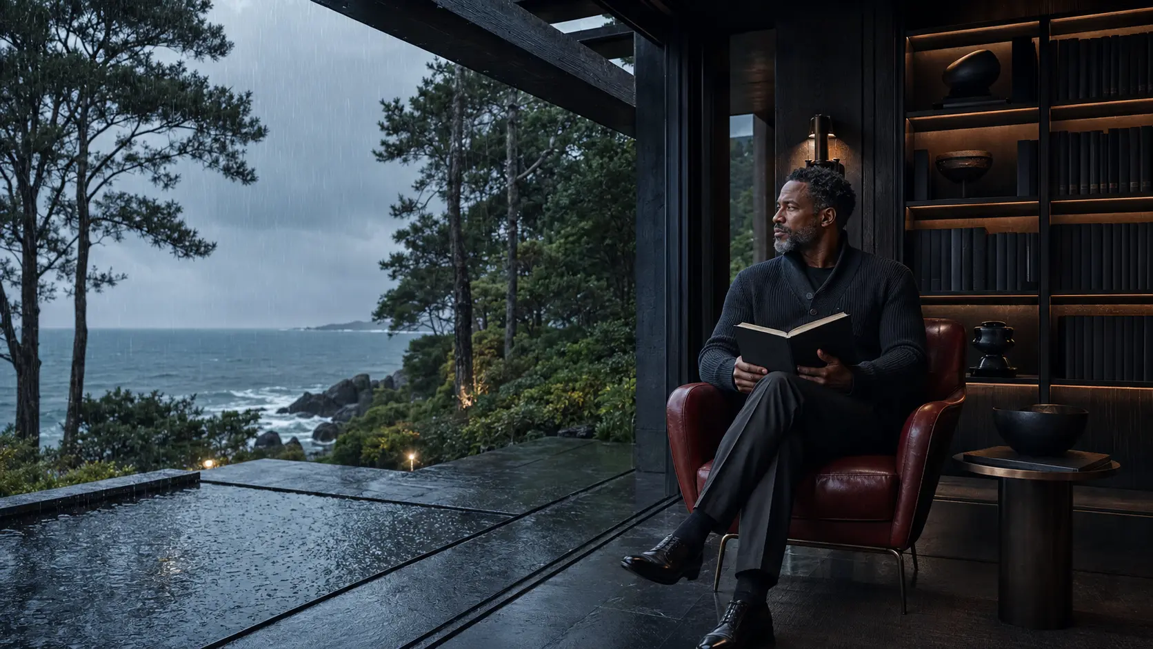 A distinguished Black man reading in a rain-washed garden library overlooking the ocean