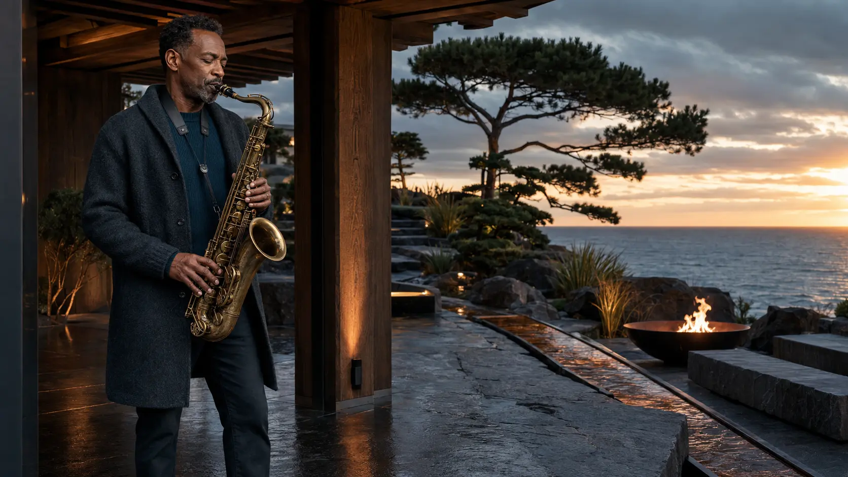 A Black man playing saxophone at dusk in a masculine coastal garden
