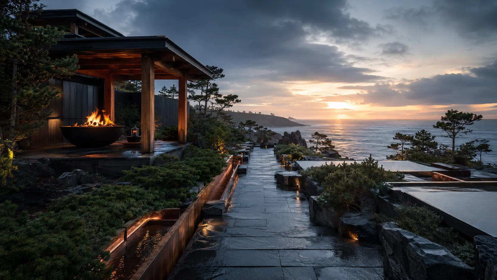 A person-free coastal garden built from basalt stone, cedar, water, and a copper fire bowl
