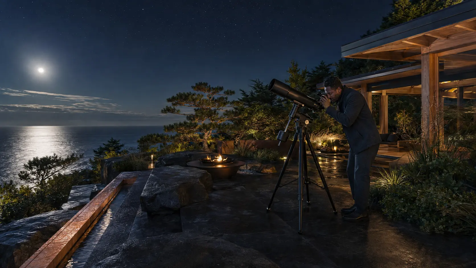 A Black man using a telescope in a moonlit coastal garden