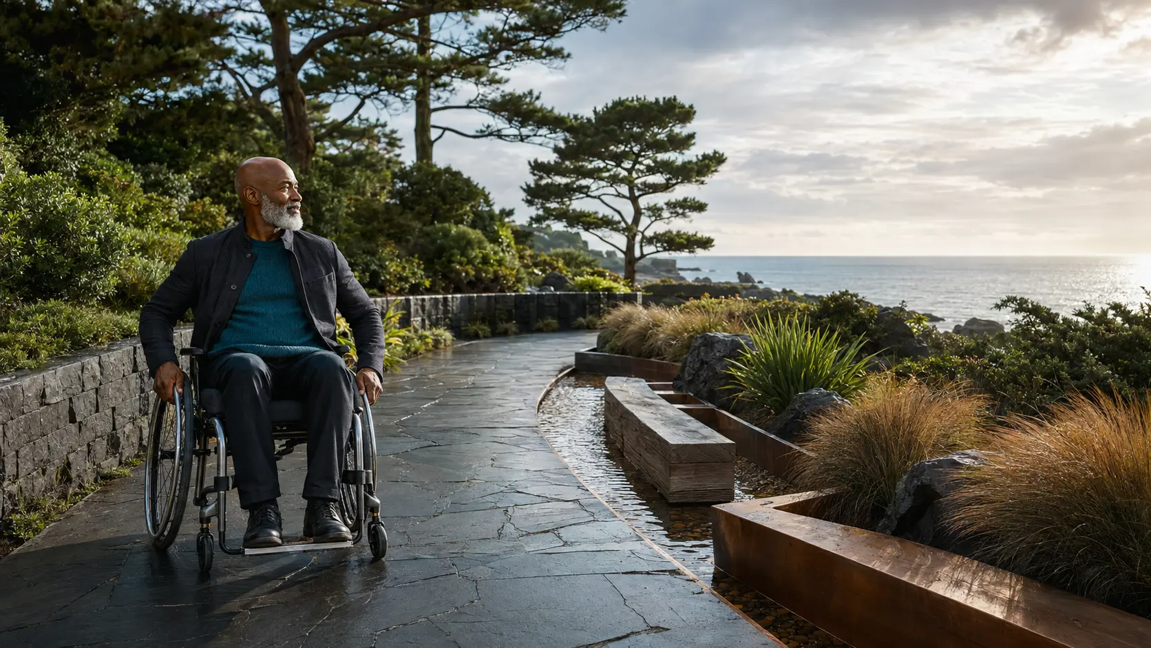 A distinguished older Black man using a wheelchair in an accessible coastal garden