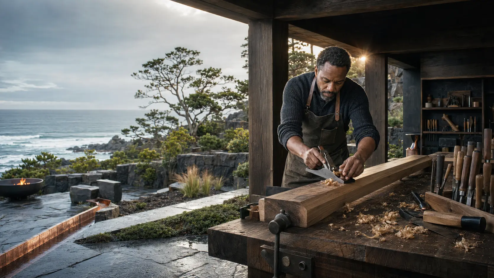 A Black man woodworking in a cedar pavilion overlooking the ocean