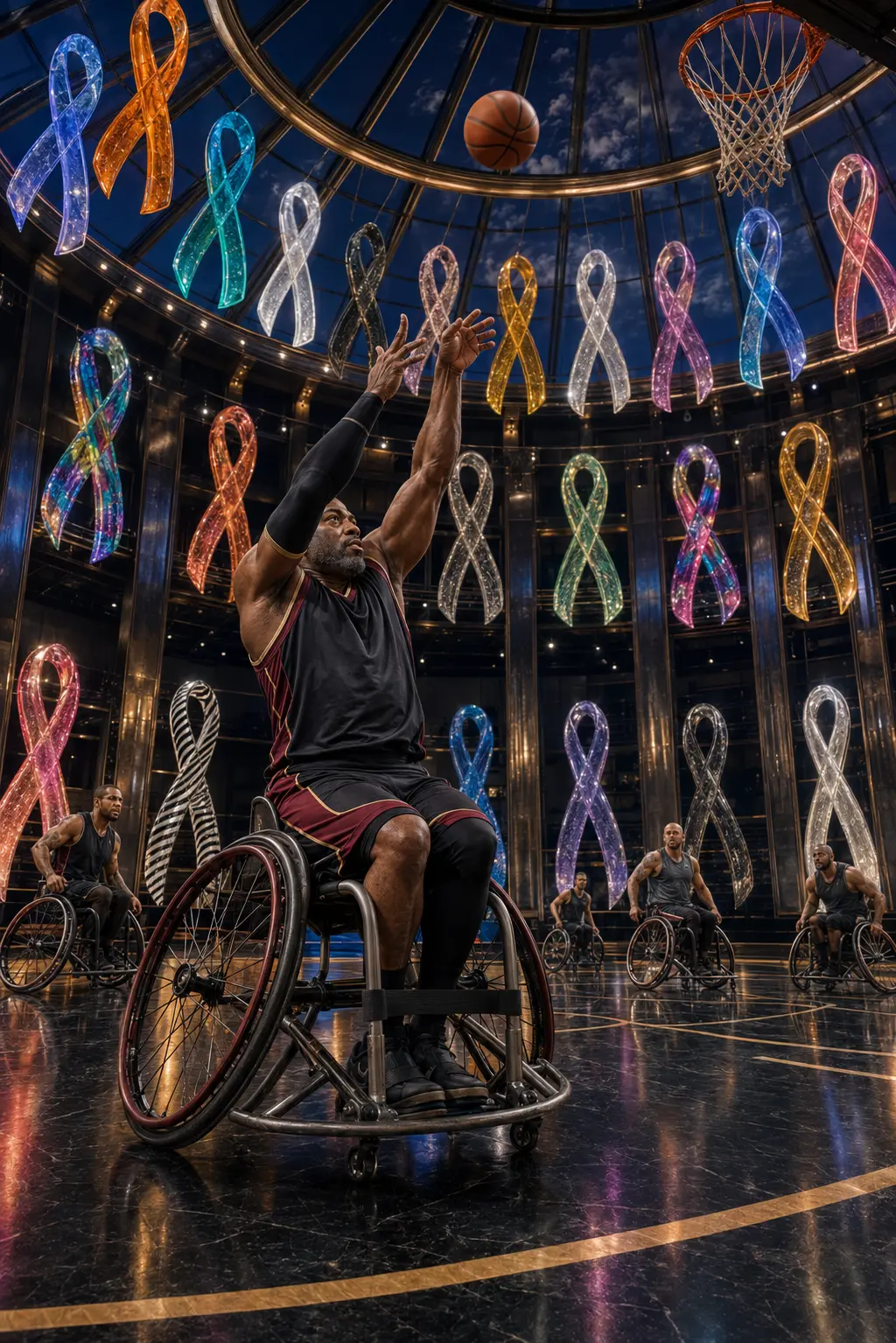 A male wheelchair basketball player taking a shot beneath awareness ribbons