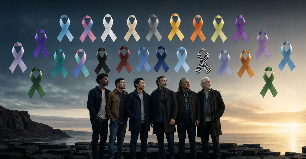A diverse group of men gathered on a coast beneath awareness ribbons