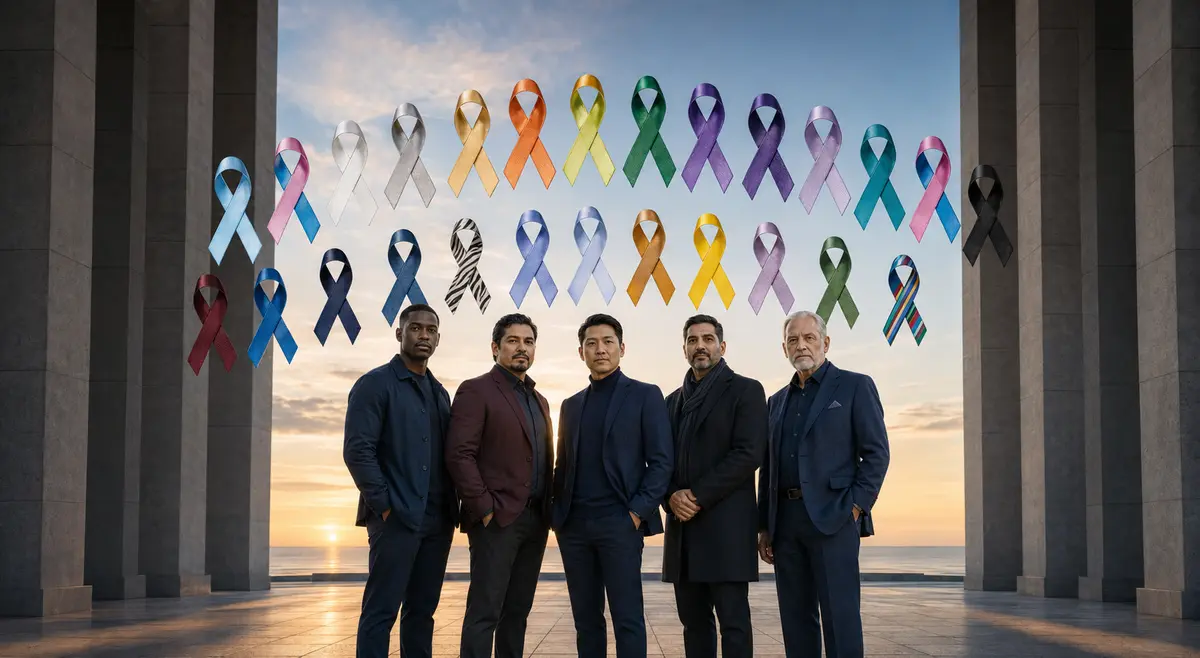 A multigenerational group of men beneath a wall of colorful awareness ribbons