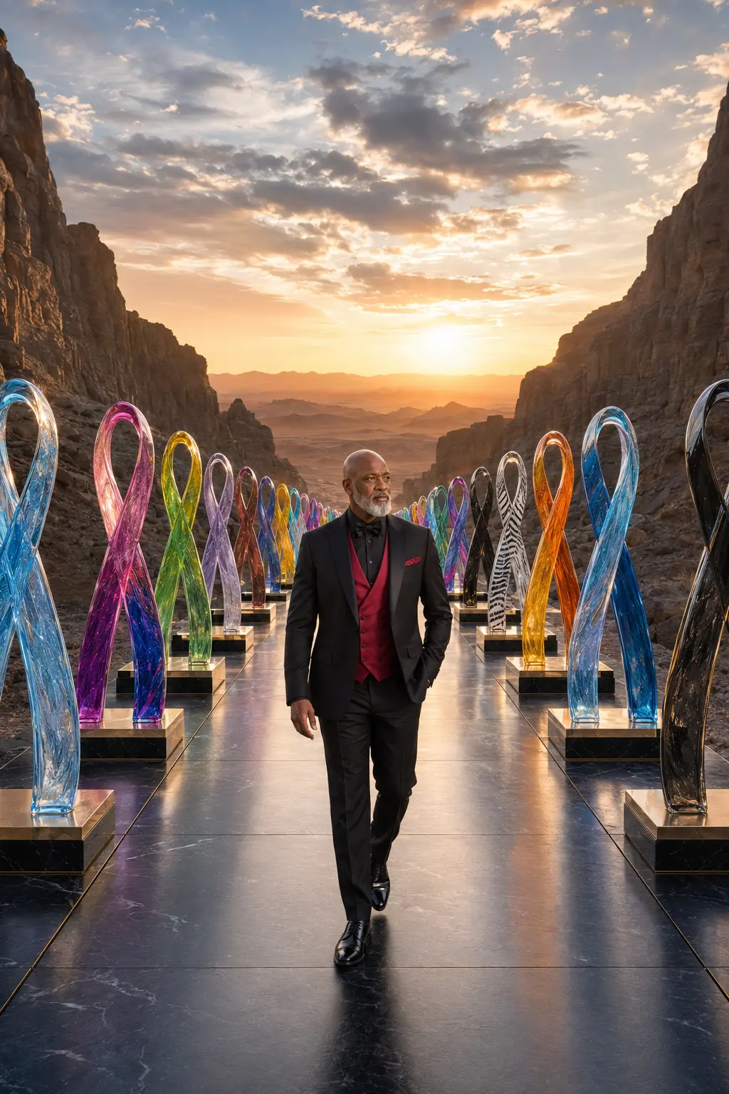 A man in a canyon at sunrise surrounded by glass awareness ribbons