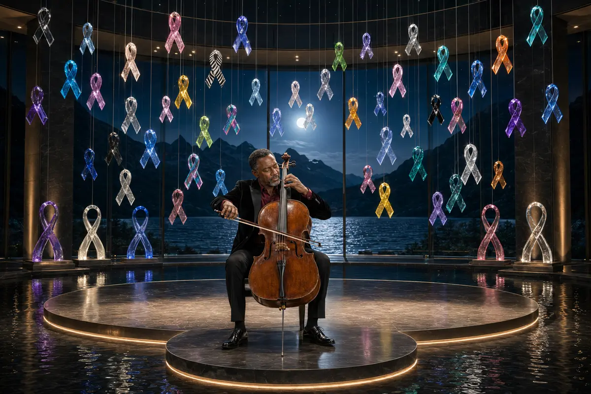 A seated male cellist performing before a luminous awareness-ribbon installation