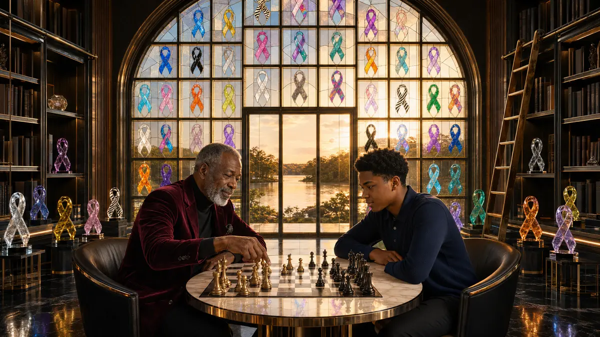 A grandfather and teenage grandson playing chess beneath ribbon stained glass