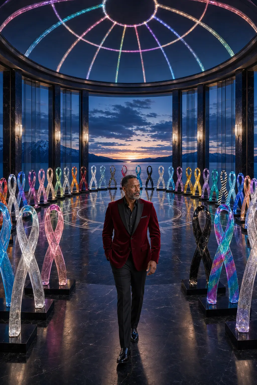 A man standing at the center of a circular glass awareness-ribbon gallery