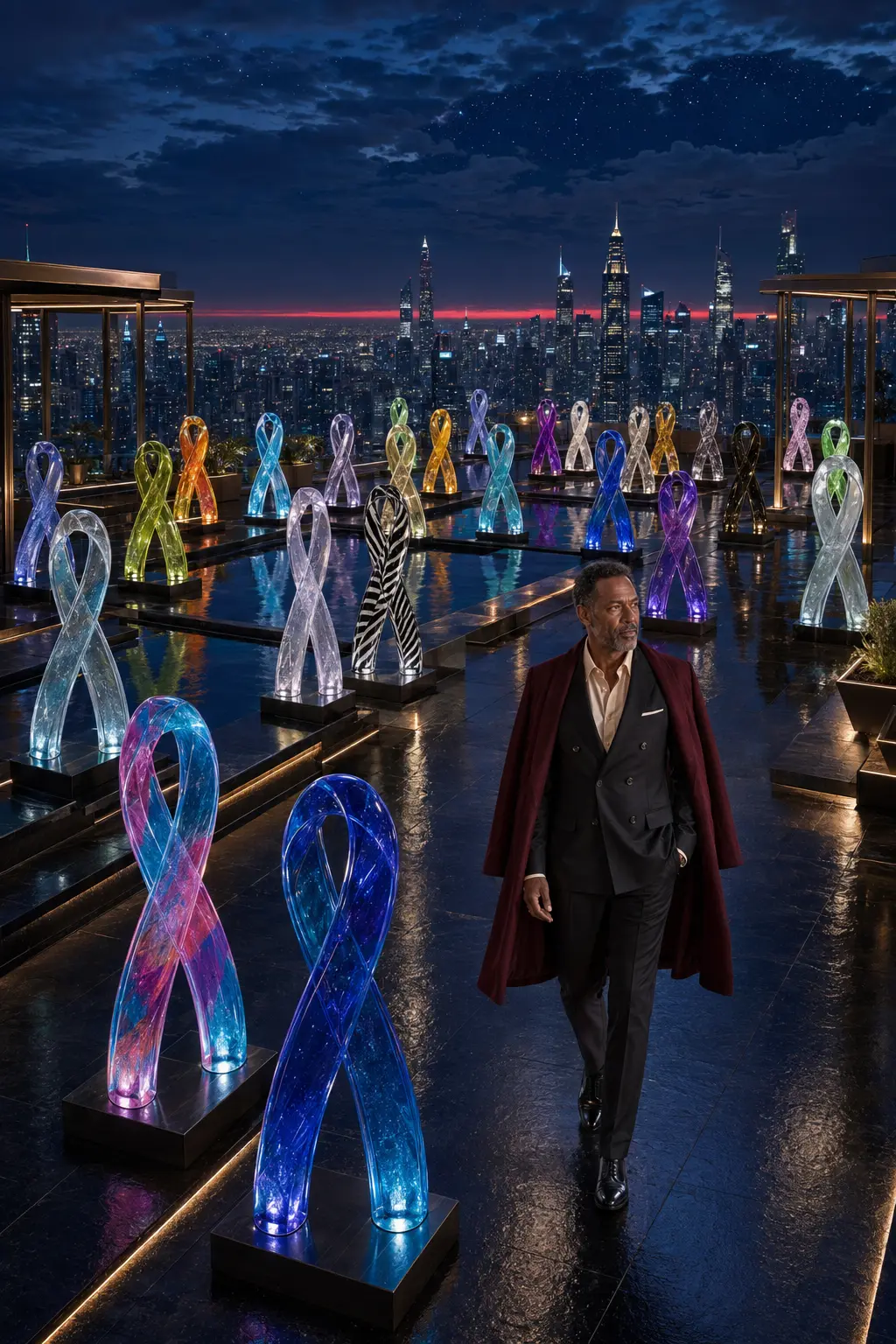 A man on a city rooftop among illuminated glass awareness ribbons