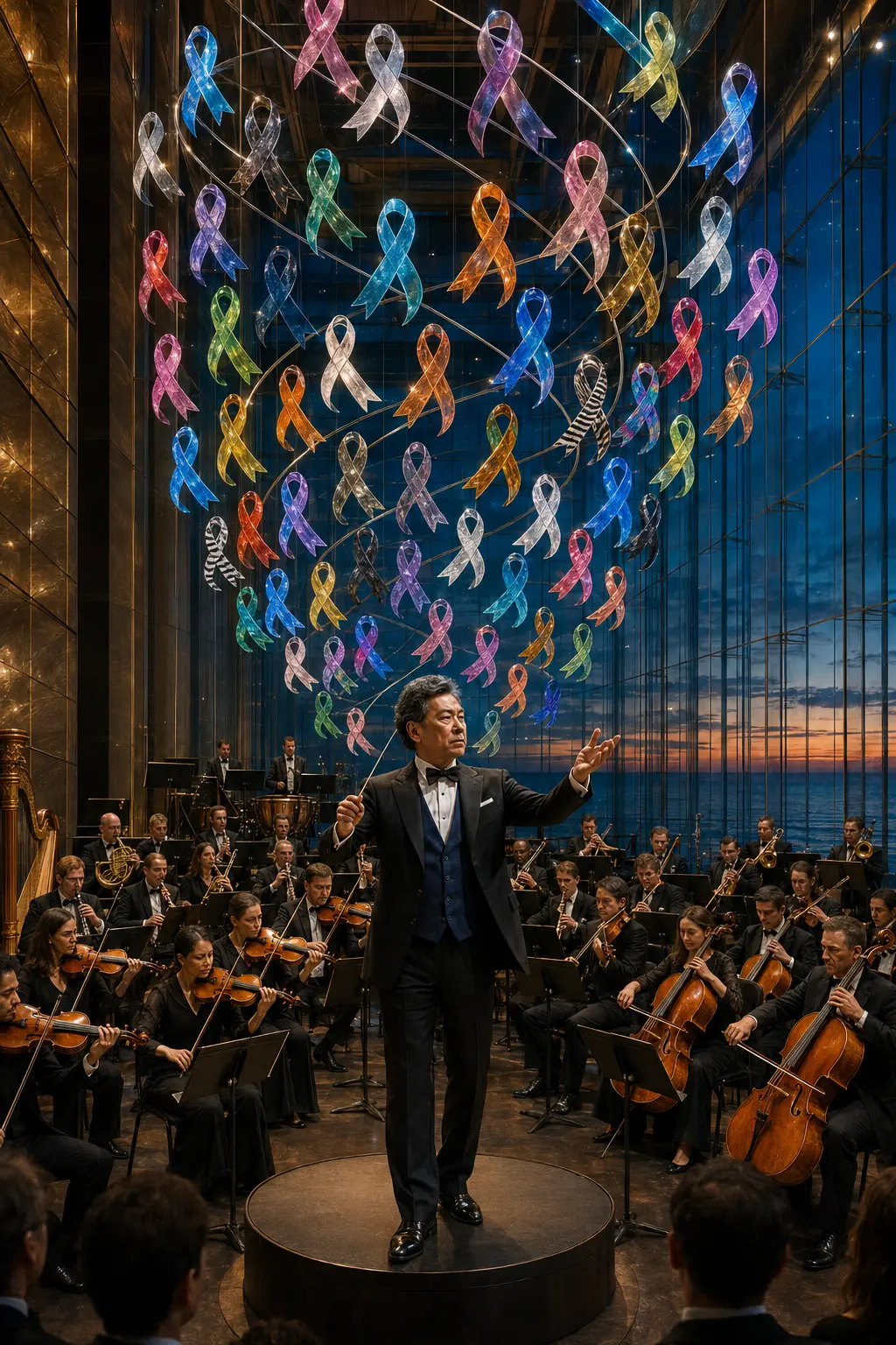 A male conductor leading an orchestra beneath suspended awareness ribbons