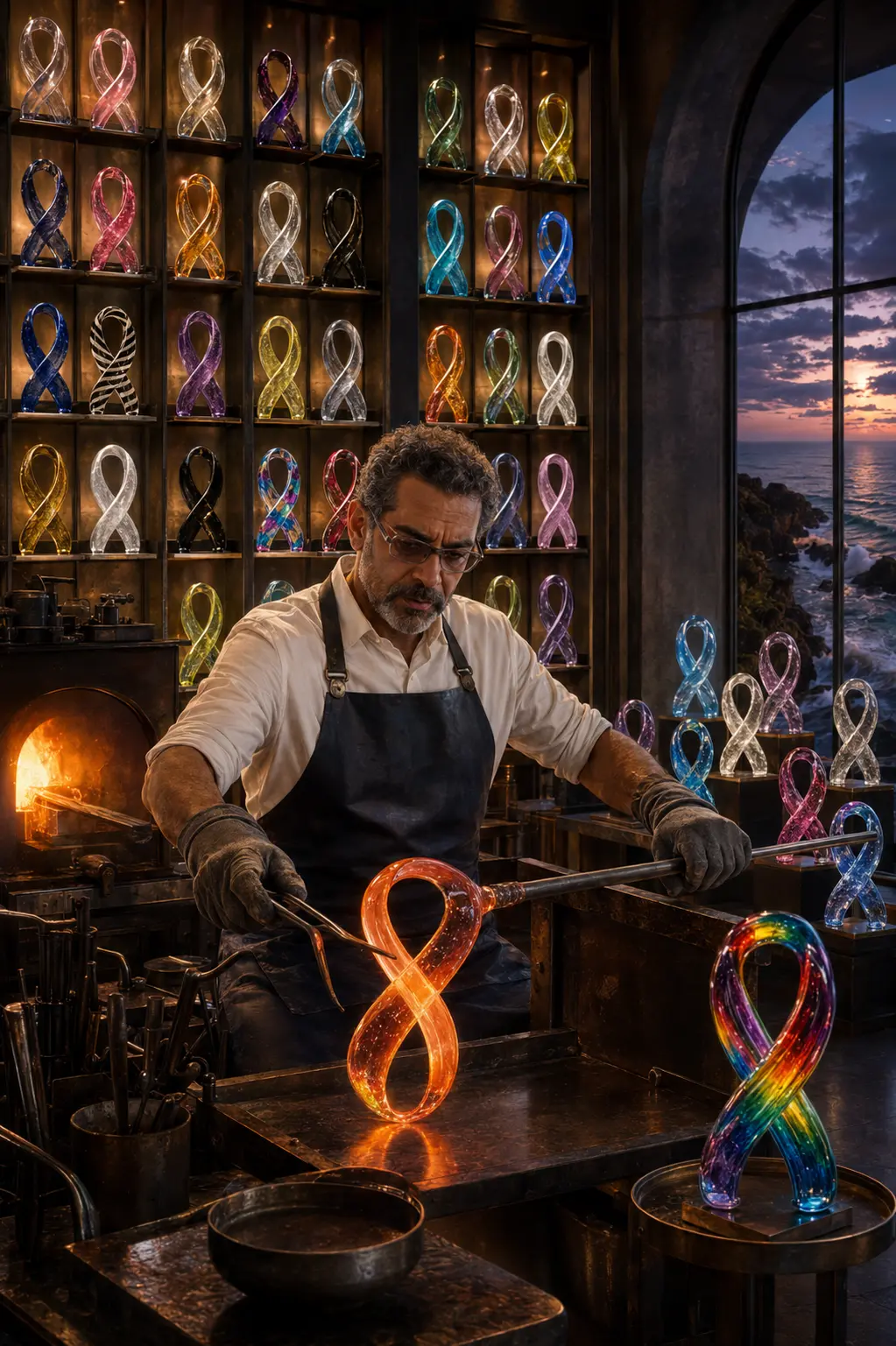 A male glassmaker shaping a glowing glass awareness ribbon in a coastal studio