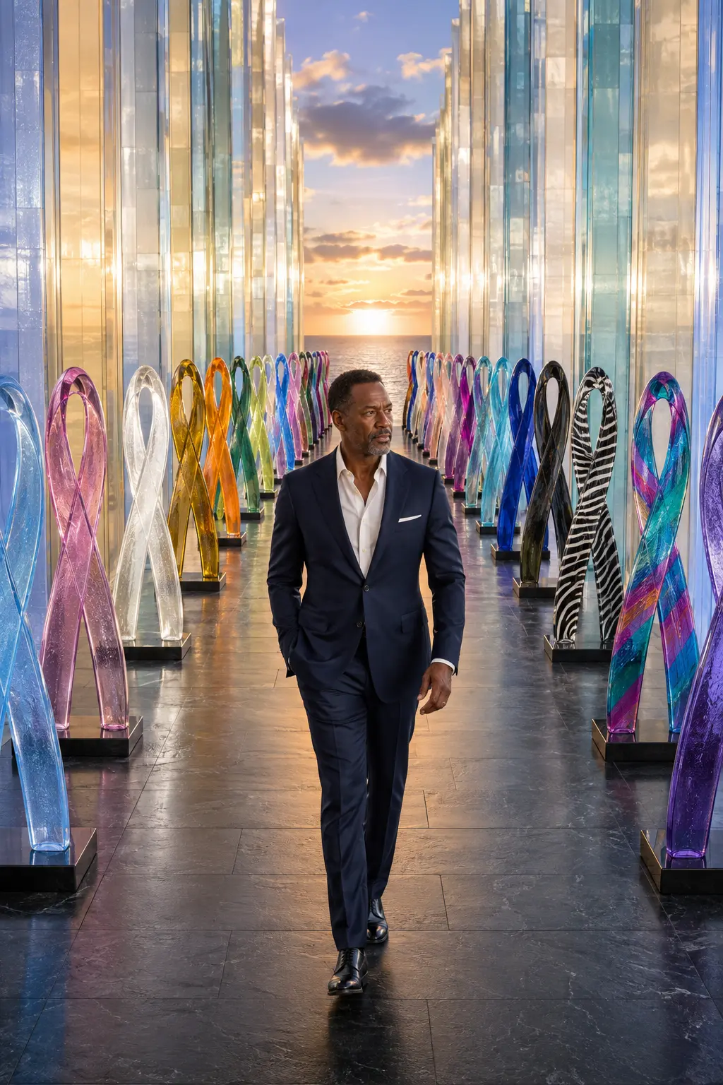 A dignified Black man in a grand gallery of glass awareness ribbons