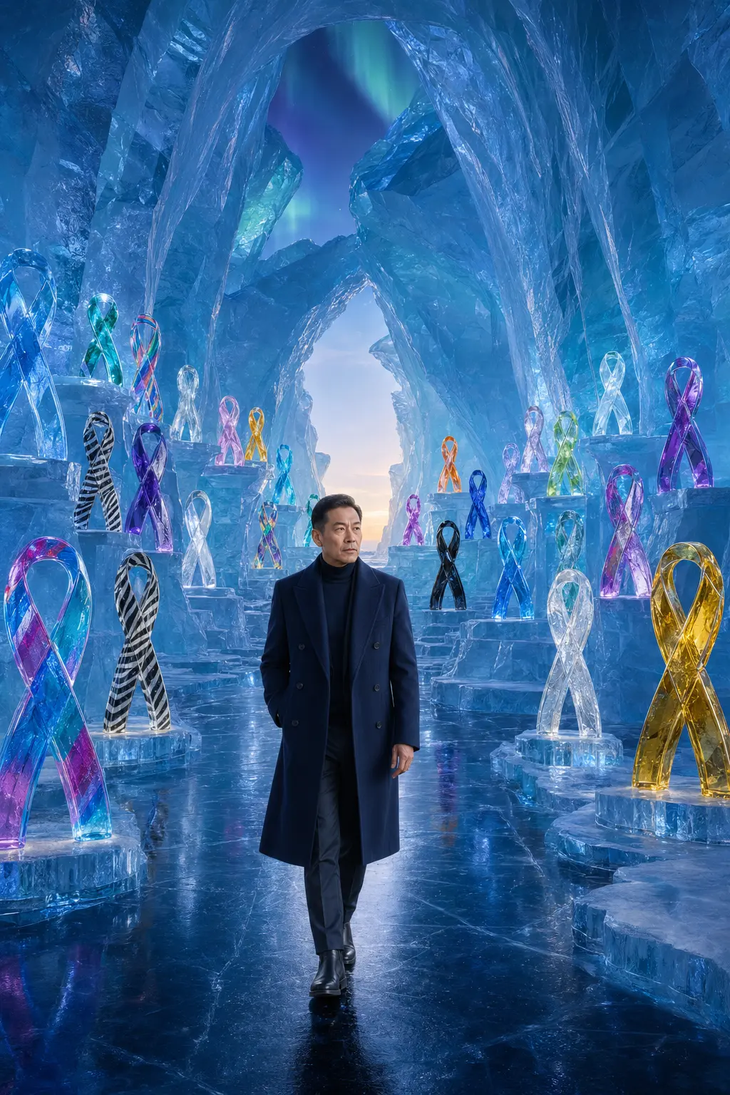 A man moving through an ice gallery filled with multicolored awareness ribbons