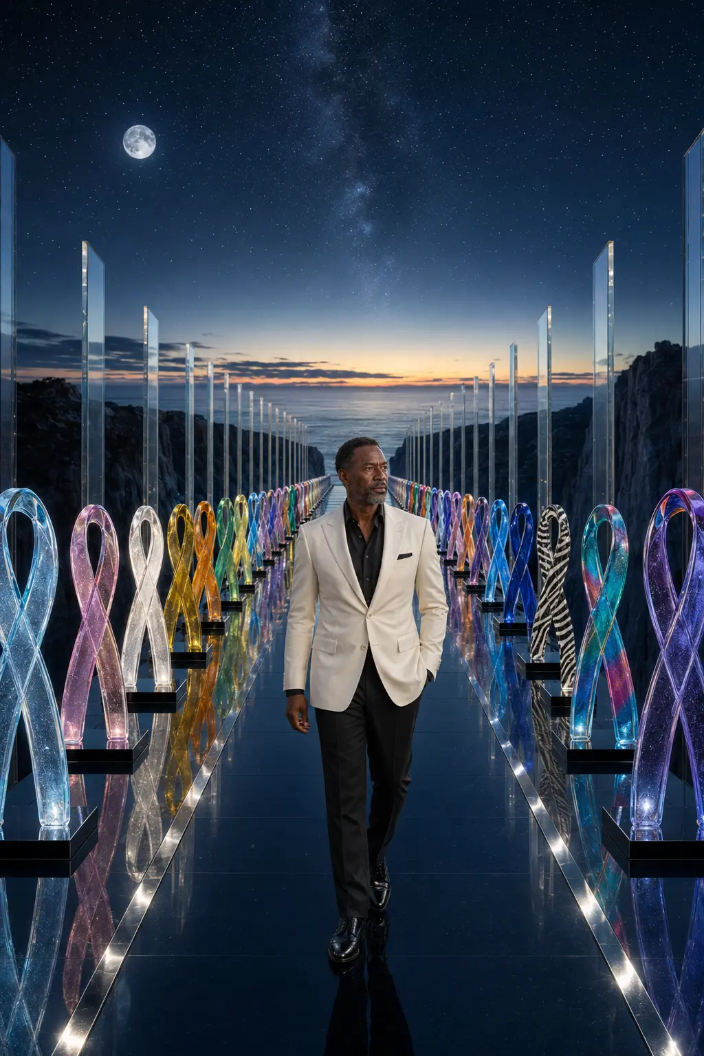 A man in a moonlit outdoor gallery of multicolored awareness ribbons