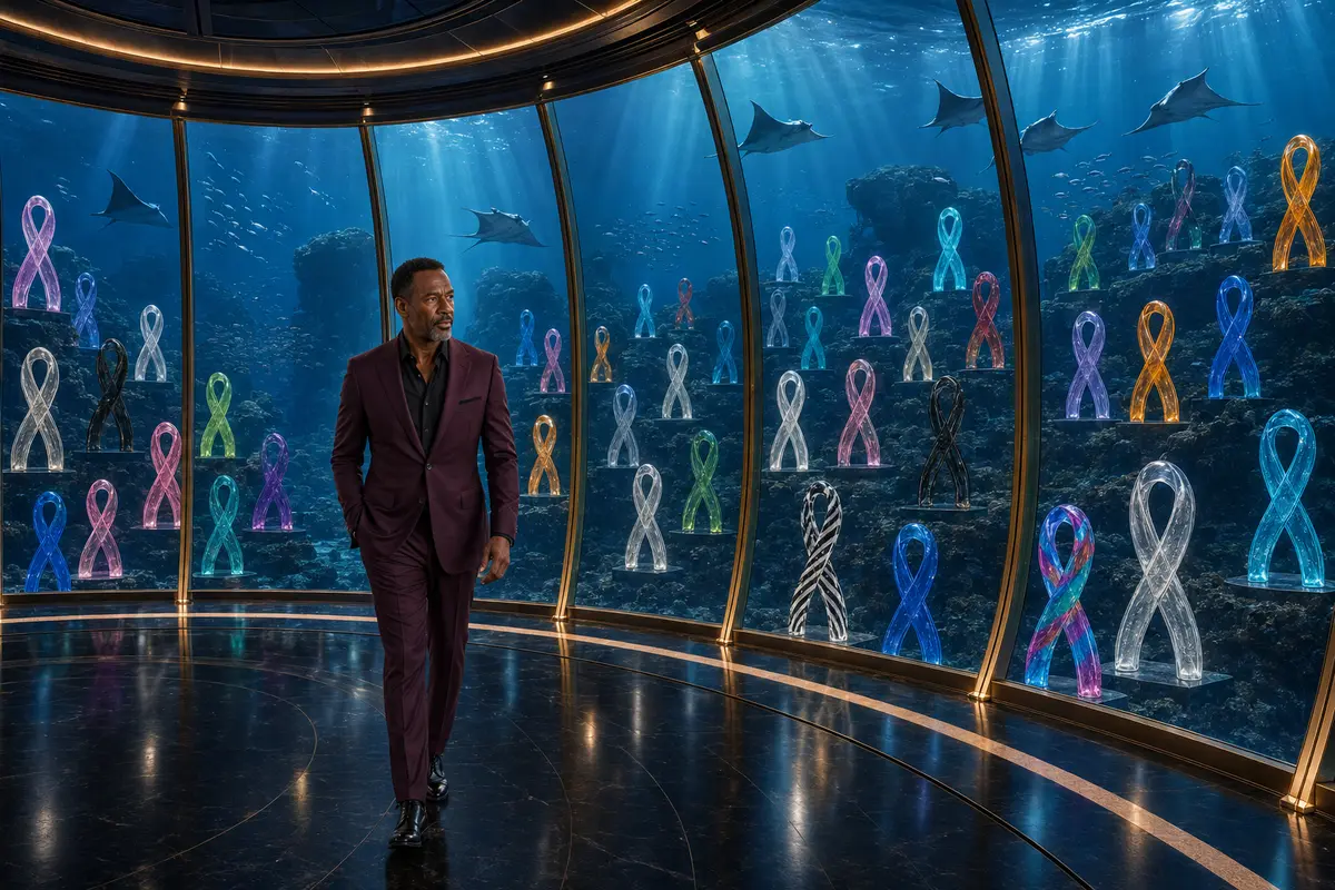 A man inside an ocean gallery surrounded by illuminated awareness ribbons