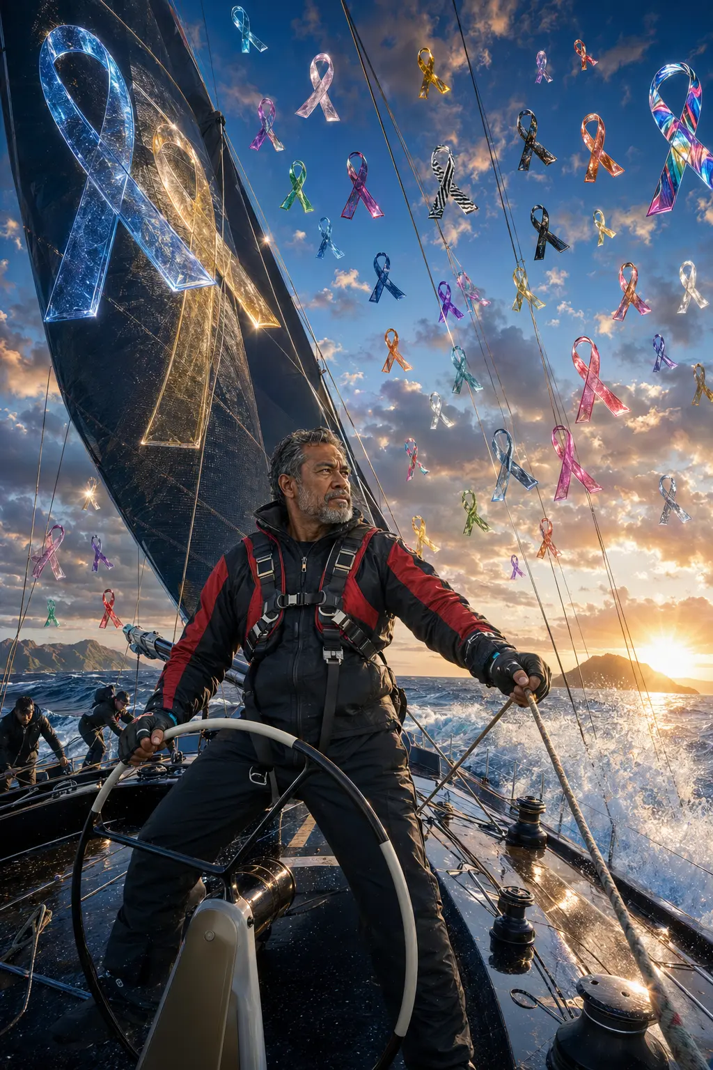 A mature male sailor steering a racing yacht beneath luminous awareness ribbons